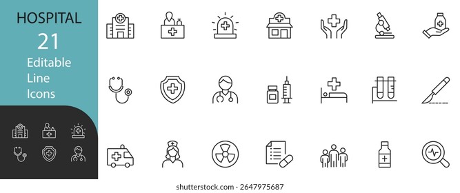Clean and editable 21 hospital line icons featuring doctor, ambulance, stethoscope, syringe, patient care, and lab tools — perfect for medical apps, infographics, and UI,UX.