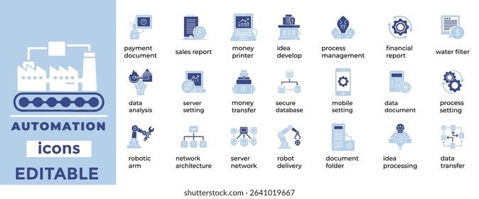 Clean, editable automation vector icons for tech, robotics, and industry use. Ideal for digital and industrial workflows.