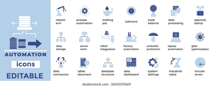 Clean, editable automation vector icons for tech, robotics, and industry use. Ideal for digital and industrial workflows.