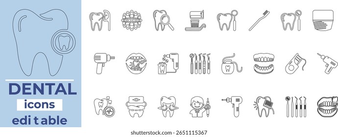 Clean, editable dental icons for clinics, websites, apps, brochures, and healthcare branding are perfect for modern design use.