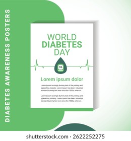 Ein sauberes und editierbares Diabetes-Awareness-Poster in einem modernen grünen medizinischen Stil. Perfekt für Kliniken, Krankenhäuser, Gesundheitseinrichtungen und Aufklärungskampagnen. Vektorbasiertes Design.