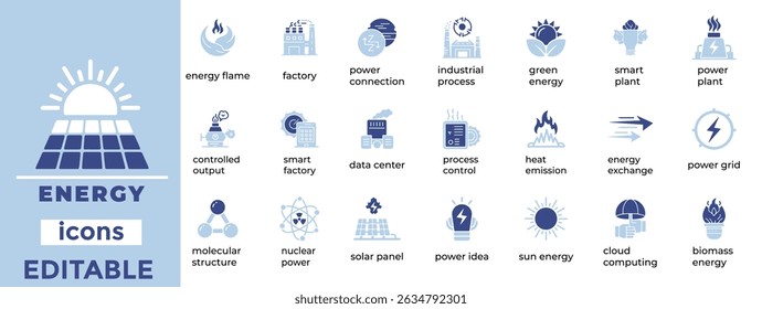 Clean, editable energy icon set ideal for power, sustainability, and green industry visuals. Perfect for web, apps, and print.