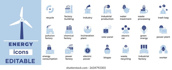 Clean, editable energy icon set ideal for power, sustainability, and green industry visuals. Perfect for web, apps, and print.