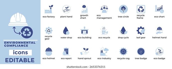 Iconos de cumplimiento ambiental limpios y editables ideales para proyectos de leyes ecológicas, sostenibilidad, seguridad y diseño regulatorio.