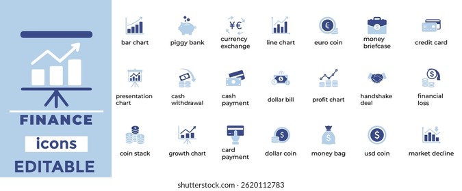 Clean, editable finance vector icons ideal for business, banking, and analytics projects across digital platforms