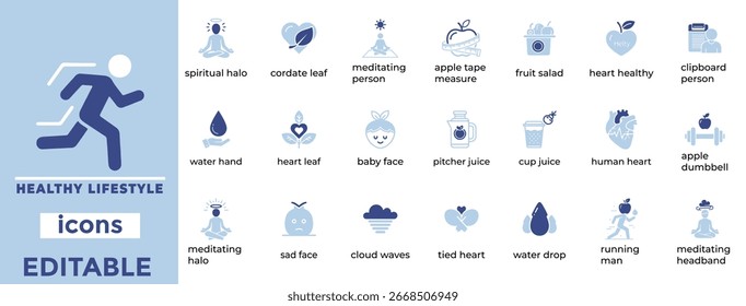 Iconos vectoriales de estilo de vida saludable y editable limpio ideales para el bienestar, la nutrición, los hábitos, el diseño de marca de salud
