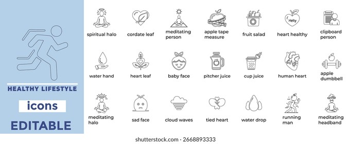 Iconos vectoriales de estilo de vida saludable y editable limpio en el arte en línea ideales para el bienestar, la nutrición, los hábitos, el diseño de marca de salud
