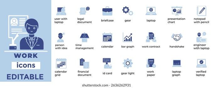 Clean, editable icons illustrating modern work, business, and office concepts for digital and corporate use.