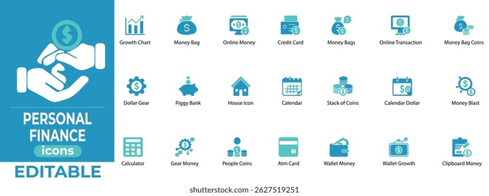 Clean, editable personal finance icons ideal for budgeting, banking, saving, investing, and money management tools.