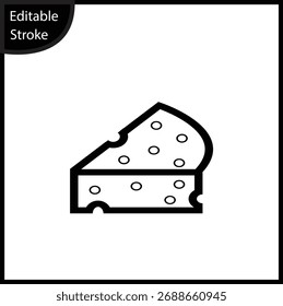 Icono de cuña de queso de trazo limpio y editable con agujeros. Ideal para App de comestibles, menús de restaurantes, listados de productos lácteos y proyectos digitales culinarios.