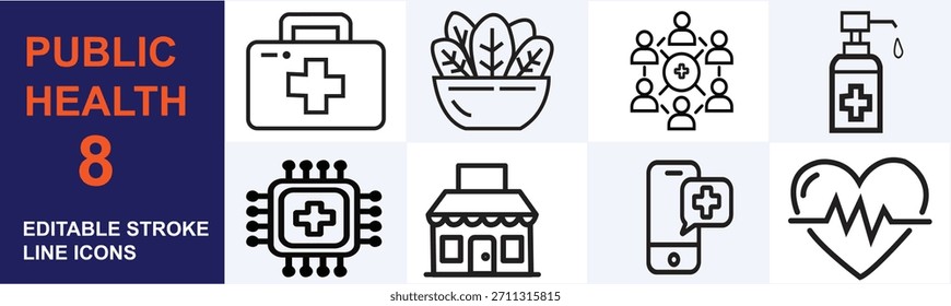 Clean editable stroke line icons representing public health, wellness, medical care, technology, and community support concepts.