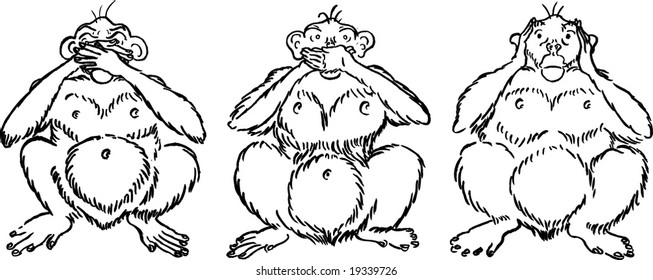 a clean editable vector representing the three wise monkeys looking at us drawn with a comic style