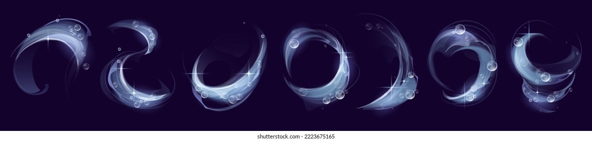 Clean effect swirl, detergent and light glow with soap bubbles and shining sparks. Isolated blue abstract foam, sparkling vortex. Cartoon dynamic elements for design of washing powder or shampoo ads