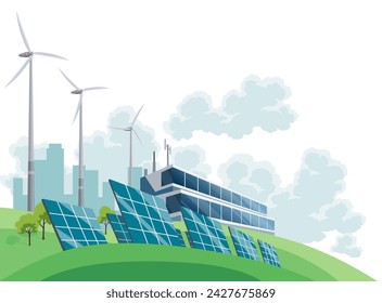 Concepto de energía eléctrica limpia. Fuente de electricidad renovable procedente de paneles solares y turbinas eólicas. Cambio ecológico del futuro. Horizonte de la ciudad y paisaje natural en el fondo