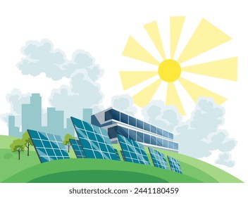 Clean electric energy concept. Renewable electricity resource from solar panels. Ecological change of the future. City skyline and nature landscape on background