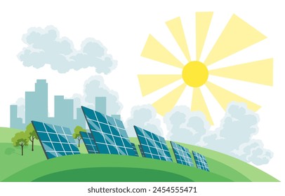 Clean electric energy concept. Renewable electricity resource from solar panels. Ecological change of the future. City skyline and nature landscape on background