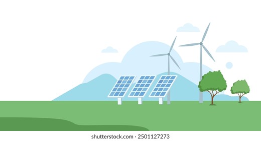 Clean electric energy concept Renewable electricity resources solar panels solar energy nature windmill renewable energy 