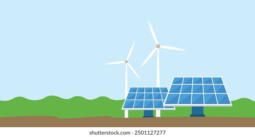 Clean electric energy concept Renewable electricity resources solar panels solar energy nature windmill renewable energy 