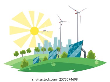 Clean electric energy concept. Renewable electricity resource from solar panels and wind turbines. Ecological change of the future. City skyline and nature landscape on background