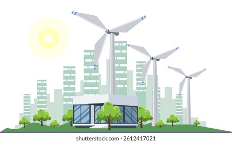 Clean electric energy concept. Renewable electricity resource from solar panels and wind turbines. Ecological change of the future. City skyline and nature landscape on background