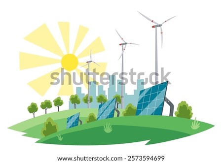 Clean electric energy concept. Renewable electricity resource from solar panels and wind turbines. Ecological change of the future. City skyline and nature landscape on background