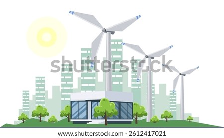 Clean electric energy concept. Renewable electricity resource from solar panels and wind turbines. Ecological change of the future. City skyline and nature landscape on background