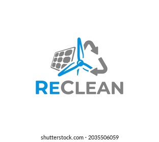 Clean electric energy logo design. Photovoltaics solar panel and wind turbine power station alternative energy generating electricity vector design. Sustainable energy from renewable sources sun, wind