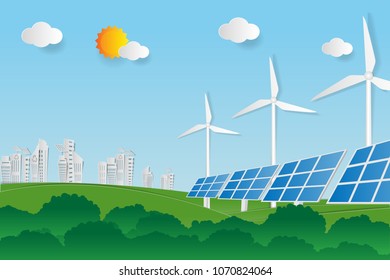 clean electric energy from renewable sources sun and wind.Vector Illustration