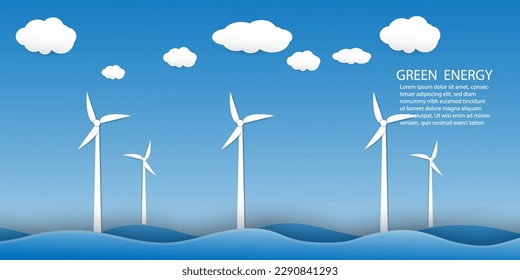 Energía eléctrica limpia fuentes renovables de viento , Molino de viento marino con nube blanca sobre fondo azul, diseño de corte de papel ilustración vectorial, Medio ambiente de energía verde Concepto