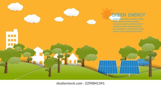 clean electric energy  renewable sources  frome sun, energy  solar with clean city with trees cloud on yellow background, paper cut design vector  illustration,Green energy environment Concept