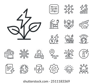 Clean electric energy sign. Energy, Co2 exhaust and solar panel outline icons. Eco power line icon. Charging symbol. Eco power line sign. Eco electric or wind power icon. Green planet. Vector