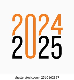 Clean and elegant 2024 to 2025 typography design with orange and black text, ideal for New Year greeting cards, business brochures, diaries, calendars, posters, flyers, banners, and social media.