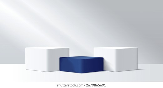 Soporte de exhibición de productos de estudio 3D limpio y elegante con tres simples stands rectangulares, dos stands blancos que flanquean un stand azul real central.