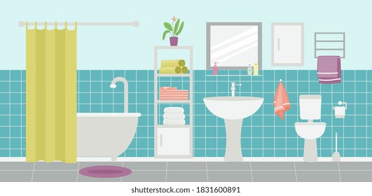 Clean elegant bathroom interior, flat cartoon vector illustration. Interior background of bathroom and toilet room with furniture and sanitary engineering.