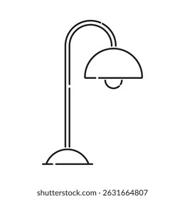A clean and elegant black line art illustration of a modern floor lamp with a semi-circle base and dome-shaped shade. Ideal for UI design, interior decor apps, or minimalist branding.