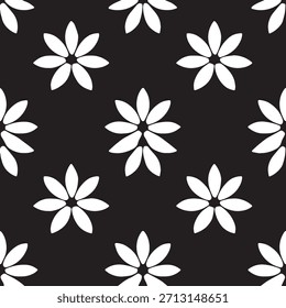Ein sauberes und elegantes schwarz-weißes Blumenmuster mit acht Blütenblättern, die in einem nahtlosen, sich wiederholenden Layout angeordnet sind. Diese minimale monochrome Textur bietet eine moderne, aber organische Ästhetik.