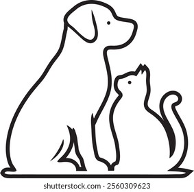 A clean and elegant black-and-white line art illustration depicting a sitting dog and cat in a harmonious pose. Perfect for pet-related designs, logos, veterinary clinics, or animal welfare campaigns.