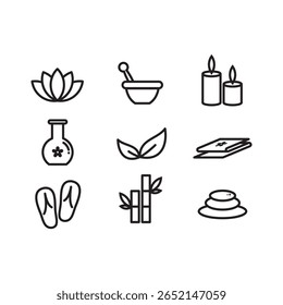 A clean and elegant collection of 9 outline icons representing spa, herbal therapy, and wellness elements. Includes symbols such as a lotus flower, essential oil bottle, aromatherapy candles, herbal b