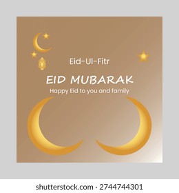 A clean and elegant Eid Ul Fitr greeting card design featuring a warm golden gradient background. The layout includes hanging lanterns fanoos, crescent moons, and stars with modern typography. Perfect for social media posts, digital greetings, and festive event announcements. 100% vector and easy to customize.