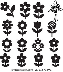 Un conjunto de Vector de silueta de flores limpio y elegante con varias Formas de rosas, tulipanes y flores en estilo negro sólido. Totalmente escalable y fácil de personalizar.