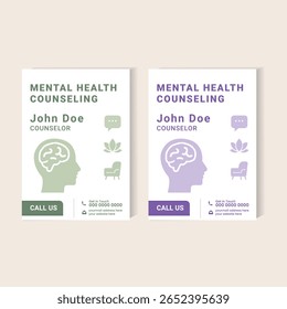 Plantilla de volante limpia y elegante diseñada para terapeutas, clínicas de salud mental y profesionales psicológicos. Incluye secciones editables para promover servicios de terapia como ansiedad y trauma.