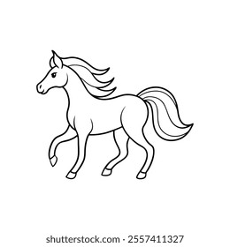 A clean and elegant line art illustration of a running horse, ideal for coloring books, logos, or creative design projects.