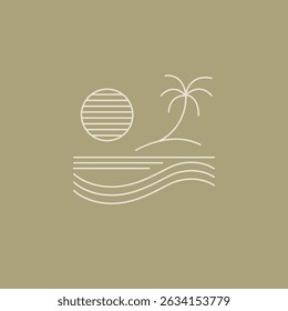 Clean and elegant linear landscape design featuring tropical elements like a palm, ocean waves, and a house under the sun. Ideal for sustainable living themes and nature-inspired visuals.