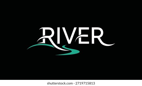 Un diseño de logotipo limpio y elegante con la palabra 'RIVER' en tipografía blanca. Debajo del texto, un estilizado río verde azulado fluye con elegantes curvas,