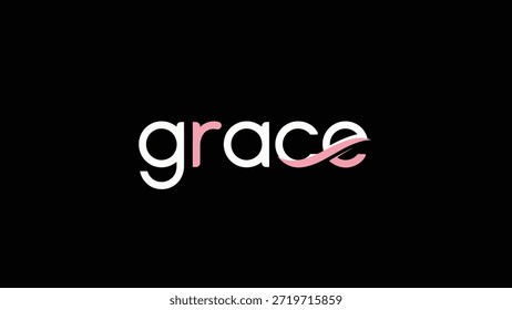 Um logotipo limpo e elegante com a palavra "grace" na tipografia branca e estilizada. A letra 'r' é destacada em rosa, e a cauda do 'e'