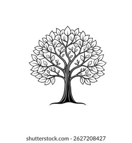 A clean and elegant outline vector of a deciduous tree on a white background, representing nature, simplicity, and seasonal growth. This minimalist design is ideal for eco-conscious branding, environm