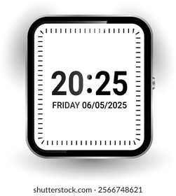 A clean and elegant smartwatch face featuring a monochrome digital time and date display with minimalistic edge markers