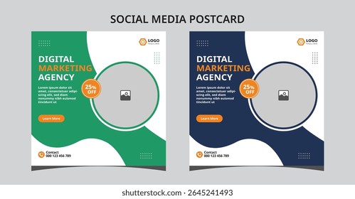 Clean and elegant social media postcard design in green and purple combination. Ideal for agency branding, promotional campaigns, or advertising offers on Facebook, Instagram, and more.