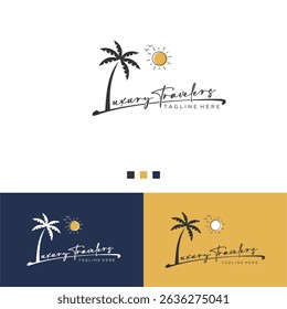 A clean and elegant travel-themed logo featuring a hand-drawn palm tree and sun, with modern script typography spelling "Luxury Travelers". Perfect for travel agencies, resorts, beach-themed businesse