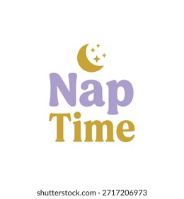 Un diseño de camiseta de tipografía limpia y elegante con la frase 'Hora de la siesta' con una luna creciente y estrellas. Ideal para servicios de diseño y Impresión a la carta de ropa.